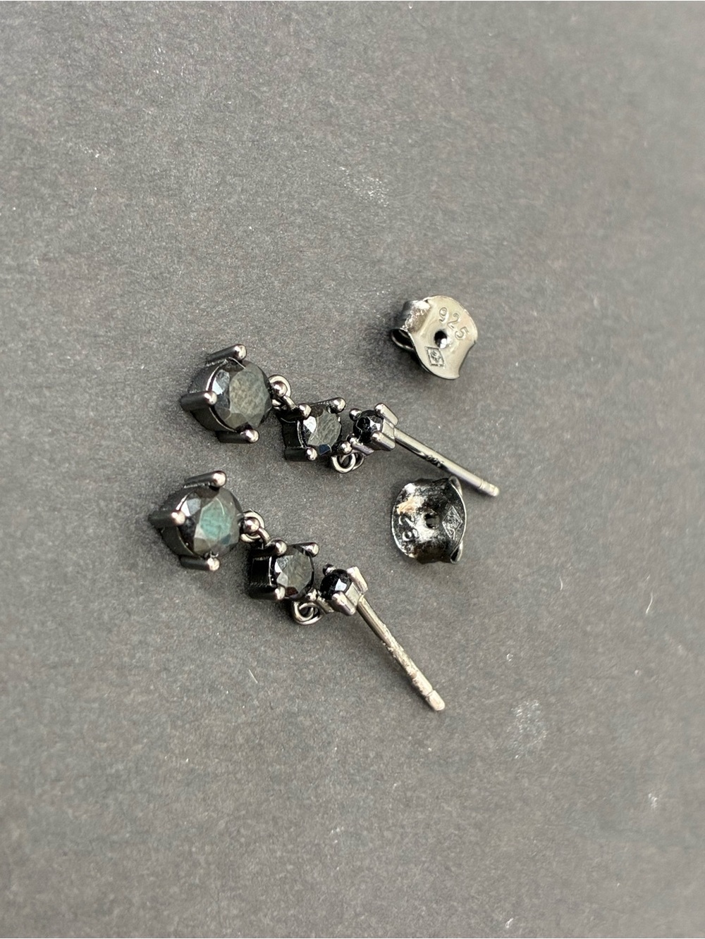 925 Sterling Silver Black Stone Drop Stud Earrings